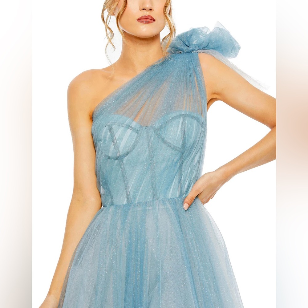 Mac Duggal One-Shoulder Tulle Gown in Dusty Blue